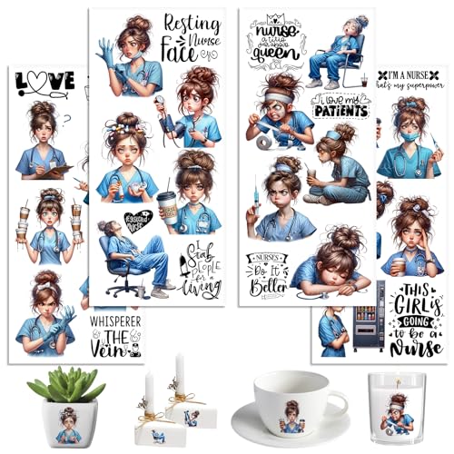 UV DTF Cup Wraps, 4 Sheets Nurse Quotes 16oz Glass Cups, Clear Transfer Stickers for Tumblers and Bottles, Assorted Pattern Set - style: Nurse Quotes