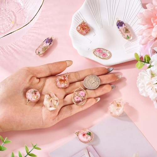 Transparent Flower Resin Charms Round Gold Edge Dried Floral Pendants Flat Round Clear Gold Foil Floral Charms for Necklace Bookmark Keychain Jewelry Making - color: Flower-6