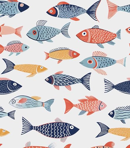Fish Wallpaper Peel and Stick, Colorful Fishes Contact Paper 17.5" x 118", Blue and Pink Sea Wall Paper Self Adhesive Removable Waterproof for Children's Room Bathroom Shelves Cabinet Table Decor - color: White/Blue/Pink, size: 17.5" x 118"