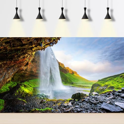 Sunrise Waterfall Aquarium Background Gorgeous Spring Natural Field Fish Tank Background Splendid Cascading Falls Terrarium Backgrounds Tranquil Stream Green Meadow Reptile Tank Backgrounds 24x12in - color: Green_Bule, size: 24(W)x12(H)in