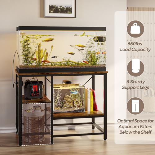 Bestier 40-50 Gallon Fish Tank Stand with Power Outlet, 36x19 Metal Aquarium Stand with Filter Storage, 6-Leg Reptile Tank Stand with 3-Tier Adjustable Storage Shelves, 660LBS Capacity - color: Rustic Brown, size: 40-50 Gallon