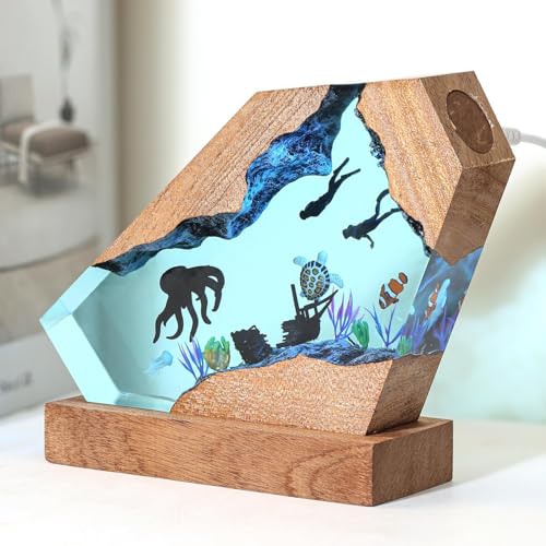 Octopus Ocean Resin Lamp, Handmade Wooden Table Resin Night Light, USB Port Art Ornaments for Home Office Decor, Scuba Diver Gifts for Birthday Holiday, Valentine's Day Gifts for Husband - color: Octopus, size: L