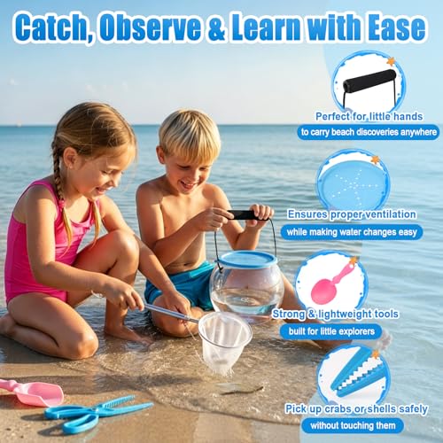 Kids Beach Exploration Kit, Catch & Release Aquarium Toy Set with Net, Crab Tongs, Sand Shovels & Clear Critter Keeper, Beach Toys for Kids Ages 2–12 (Beach, Lake, River)
