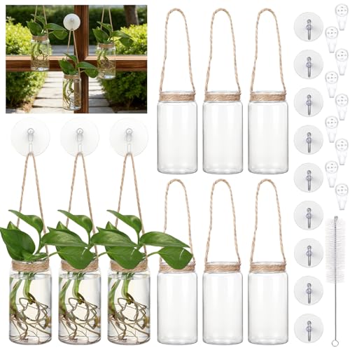 9 Sets Window Hanging Propagation Stations 3.54'' Plastic Propagation Vases with Suction Cup & Traceless Nail, Propagated Plant Holder Wall Jars for Office Home Garden Decoration Lover Gift