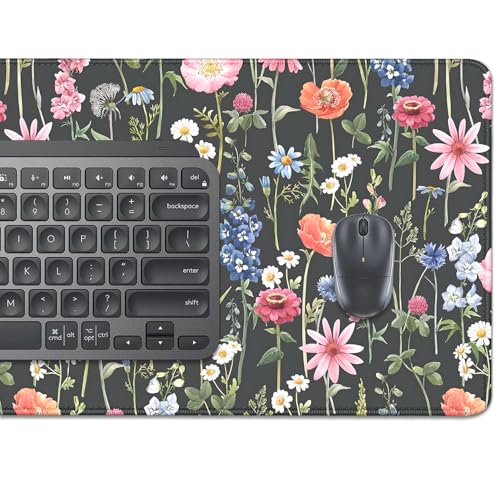 Black Background Watercolor Flowers Desk Pad Mouse Pad,Large Floral Mouse Mat with Stitched Edges,Non-Slip Rubber Base Mousepad for Office PC Keyboard Laptop and Home Work Desk Mat(27.5X11.8 in) - color: Poppies, daisies, cornflowers