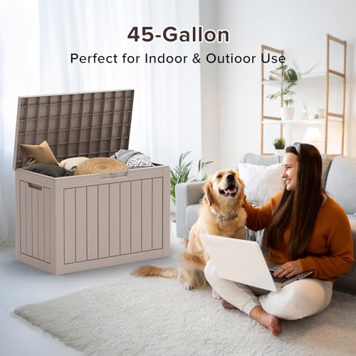 ROJIK Outdoor Storage Housing Deck Box - Waterproof Patio Furniture, Garden Tools, Cushions, Pool Accessories Storage Bench with Lockable Lid and Side Handles (Grey, 45 Gal) - color: Grey, size: 45 Gallon