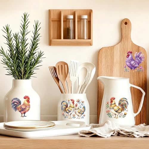Peacoblue 18 Sheets Rub on Transfers for Crafts, Nordic Folk Chickens 3.6"x3.9" UV DTF Cup Wraps Waterproof Cold Transfers Stickers for Wood Glass Metal Cup Tumblers Mirrors Mugs Home Decor - style: Nordic Folk Chickens