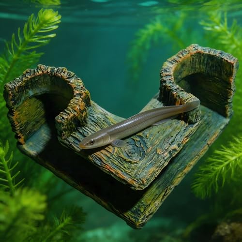 Aquarium Corner Cave Tunnel Decoration, Resin Fish Tank Hideout for Betta, Shrimp, Cichlid and Guppy, L-Shaped Underwater Hollow Log Ornament