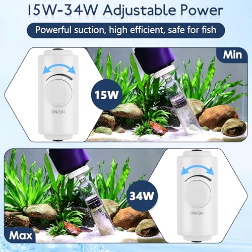 AQQA 600GPH Electric Aquarium Gravel Cleaner, 6-in-1 Automatic Fish Tank Vacuum Cleaner & Water Changer with Stainless Steel Handle & 3-Stage Filter Cup for Turtle Tanks, Adjustable Flow 34W | 6-in-1 Automatic Fish Tank Vacuum Cleaner & Water Changer, Sta