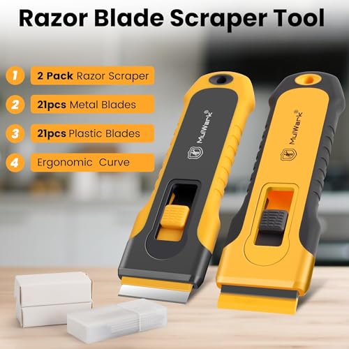 MulWark Razor Blade Scraper, 2 Pack Razor Scraper Tool with Extra 42pcs Razor Blades, Glass scraper with Storage Function Cleaning Scraper Tool for Cooktop, Glass, Old Label, Decal Sticker - style: 2 Handles Razor Blade Set with 42PCS Blades