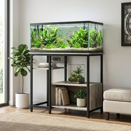 Heavy Duty 40-50 Gallon Aquarium Stand - Metal & Wood, 4-Tier Open Storage Shelves, Drawer, Power Outlets, Sturdy Legs, Supports up to 660LBS, 36.6" x 18.9" x 30.7" - Gray - color: Gray