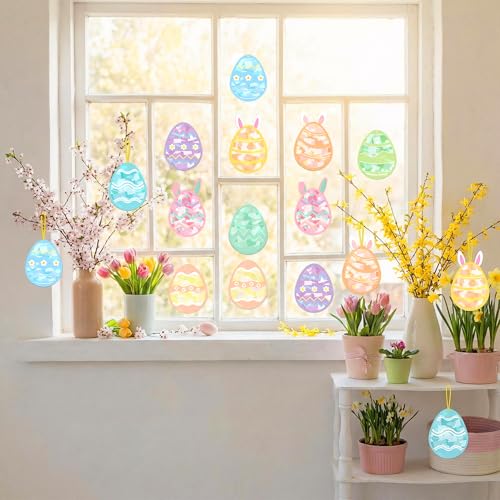 Renbuzhu 48PCS Easter Crafts Bulk: Eggs Paper Suncatchers DIY Kit for Activities Decorations, Window Stained Glass Effect Art Ornaments - style: easter egg