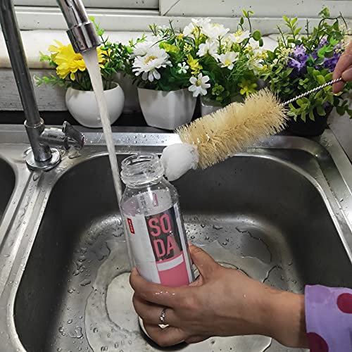 Bottle Brushes Thin Long Handle X 2, Skinny Wire Cleaner Set in Stainless Steel with Natural Boar Bristle at Wool Tip, Bendable Flexible for Cleaning Narrow Neck Bottles, Pipe, Tube, Hose