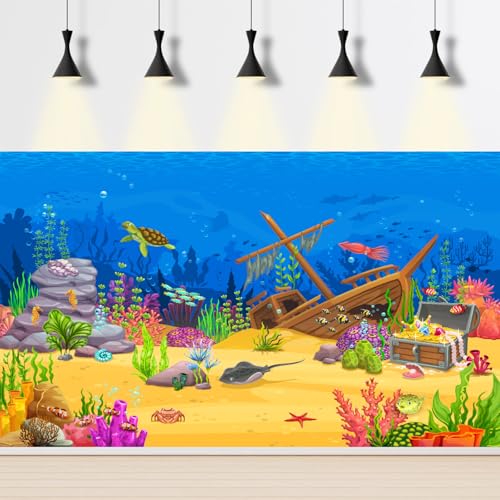 Cartoon Underwater Landscape Aquarium Background Tropical Coral Reef Sunken Ship with Sea Animals Terrarium Background Deep Blue Ocean Fish Crab Treasure Chest Sea Turtle Fish Tank Backdrop 24x12in - color: Light Blue, size: 24(W)x12(H)in