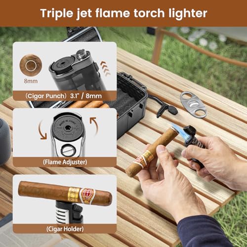 Flauno Travel Humidor - Portable Case Kit with Lighter (Without Gas), Cutter, Holder, Humidifier & Dropper, Waterproof, Crushproof, Airtight Seal (Holds up to 15 Cigars) - size: Holds up to 15 Cigars with Cigar Lighter