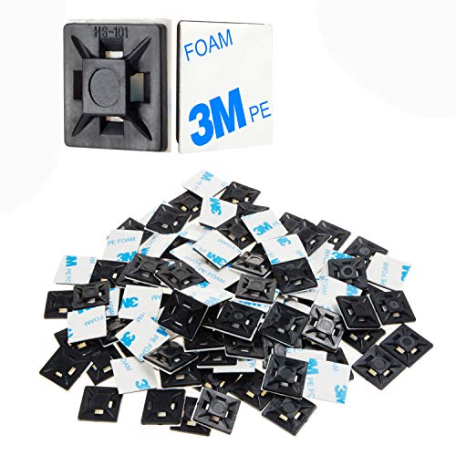 XHF 100 PCS 1.1" Black Self Adhesive Cable Zip Tie Mounts Wire Cable Clips Holders Management Anchors Organizer Holders Squares(HS-102) - color: Black, size: 1.1"-100pcs
