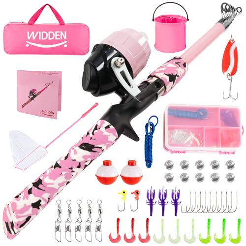 Kids Fishing Pole, Portable Telescopic Kids Fishing Poles for Boys and Girls, Fishing Rod and Reel Combo Kit with Tackle Box, and Fishing Net, Best Fishing Pole for Toddler Youth - color: Light Pink