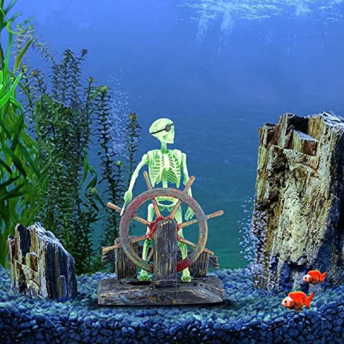 Mesee Aquarium Pirate Captain Decoration, Skeleton Seaman Landscape Fish Tank Decor, Undersea Air-driven Aquatic Ornament Decorations for Home Fishing Tank/Arts Crafts/Decorating