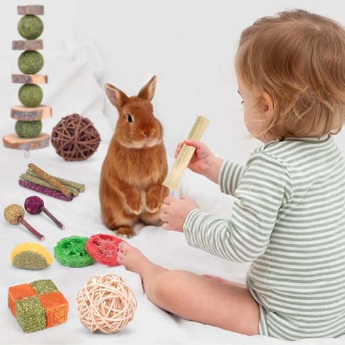 VESPRO Bunny Teys for Rabbits Hamster/Guinea Pig Toys Natural Timothy Hay Sticks chew Treats and Balls for Rabbit, Bunny, chinehila, Guirea Pig, Hamster, Rabbit Teeth Care - size: 24Pack-Set