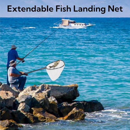 Floating Fishing Net for Steelhead, Salmon, Fly, Kayak, Catfish, Bass, Trout Fishing, Rubber Coated Landing Net with Fixed or Telescoping Pole Handle - color: White Silicone Net