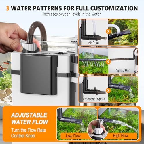 hygger Quiet Hang On Back Aquarium Filter 5-30 Gallon Small Fish Tank Canister Filter with Surface Skimmer Spray Bar 3 Floss Pads Bio Filter Media Adjustable Flow, Easy Water Change 132 GPH - size: For 5-30 Gallon