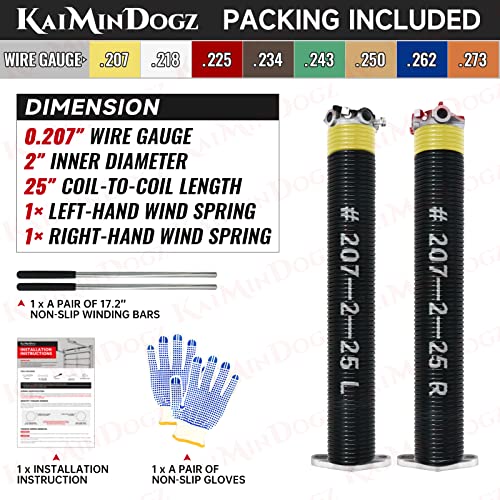 Pair of 2" Garage Door Torsion Springs Set with Non-Slip Winding Bars & Gloves, High Quality Precision Electrophoresis Black Coated, for Replacement & Installation, MIN 16,000 Cycles (0.207x2''x25'') - size: 0.207X2"X25"