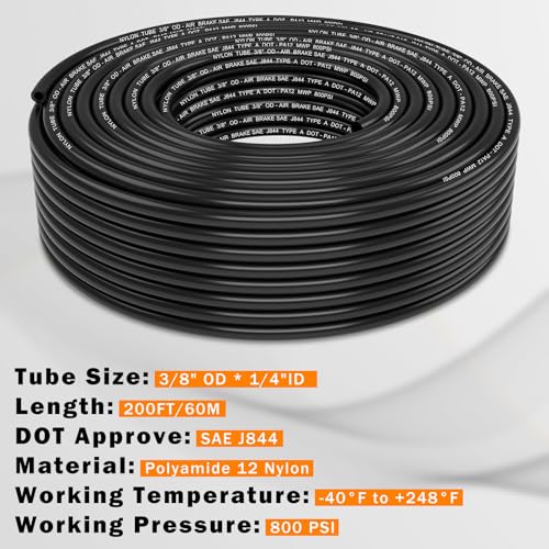 CheeMuii 200 FT 3/8 Pneumatic Tubing 3/8" DOT Air Line SAE J844 PA12 Nylon DOT Air Hose 61 Meter 3/8 Inch OD Pneumatic Air Tubing Pipe Hose Line - color: Black, size: 3/8"OD-200FT