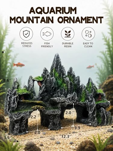 Aquarium Decor - Large Mountain Rock Cave for Fish Tank, Aquarium Hideout Ornament with Rock Texture for Betta, Guppy, Shrimp - Aquatic Hide Decoration, Fish Hiding House（Black） - color: Multi-peak Rock - Black