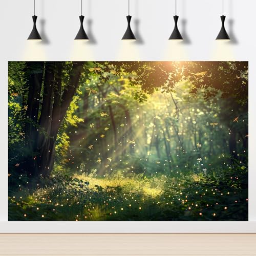 Fantasy Rainforest Reptile Tank Background Lightning Bugs Fireflies Forests Field Aquarium Background Misty Rainforest Sunray Fish Tank Backgrounds Jungle Trees Reptile Enclosure Backgrounds 24x12in - color: Sunny Green, size: 24(W)x12(H)inches/ 60(W)*30c