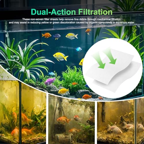 Aquarium Filter Sheets for Water Filtration, Universal Fit for Most Standard Filters, Helps Reduce Cloudiness and Yellow/Green Tint, Safe for Freshwater and Saltwater Tanks (100)