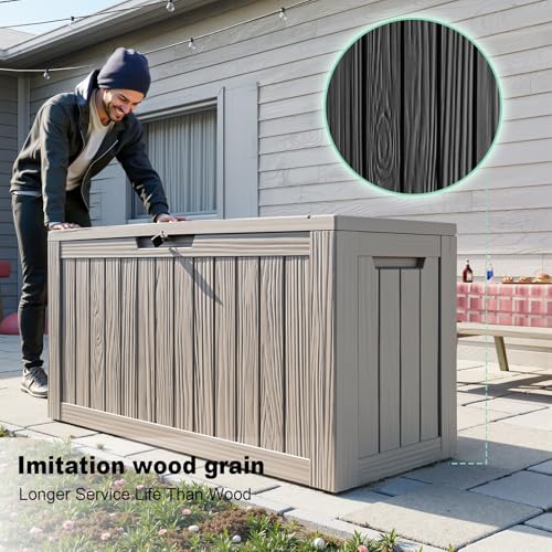 ROJIK Outdoor Storage Housing Deck Box - Waterproof Patio Furniture, Garden Tools, Cushions, Pool Accessories Storage Bench with Lockable Lid and Side Handles (Grey, 80 Gal) - color: Grey, size: 80 Gallon