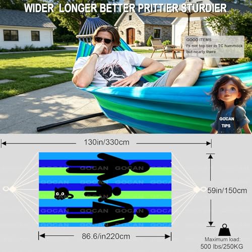 GOCAN Double Hammock 2 Person Extra Large 220x160cm Total Length 330cm Load 500lb Canvas Cotton Hammock for Patio Porch Garden Backyard Lounging Outdoor and Indoor with Removable Spreader bar - color: Blue Stripe