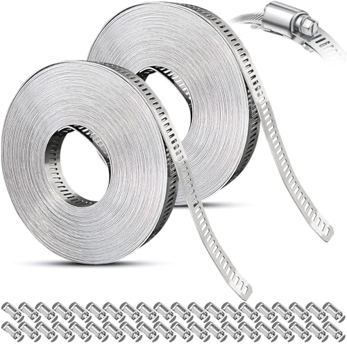 Hose Clamps Stainless Steel, Hose Clamp Assortment Kit, 32.81FT DIY Large Adjustable Worm Gear Metal Clamps Fuel Line Clamp with 40 Fasteners for Plumbing, Water Pipe, Radiator, Automotive, Mechanical - size: 2-Set 32.81FT Metal Strap+40 Fasteners