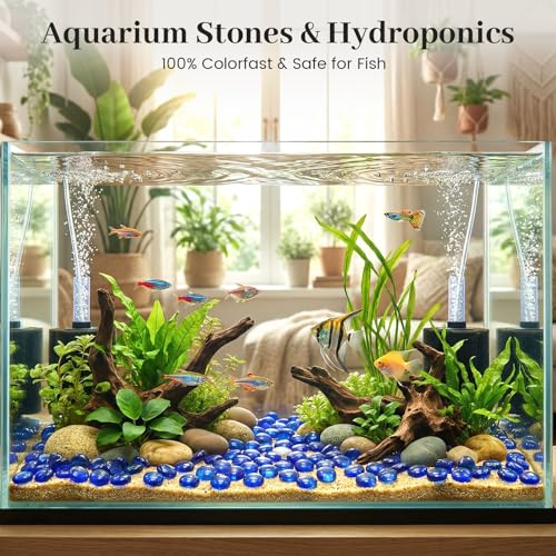FUTUREPLUSX 1LB Blue Flat Glass Marbles, Premium Dark Blue Aquarium Rocks Fish Tank Gravel Stones Bulk Pebbles Decorative Beads for DIY Crafts Vase Fillers Table Scatter Decor - color: Dark Blue