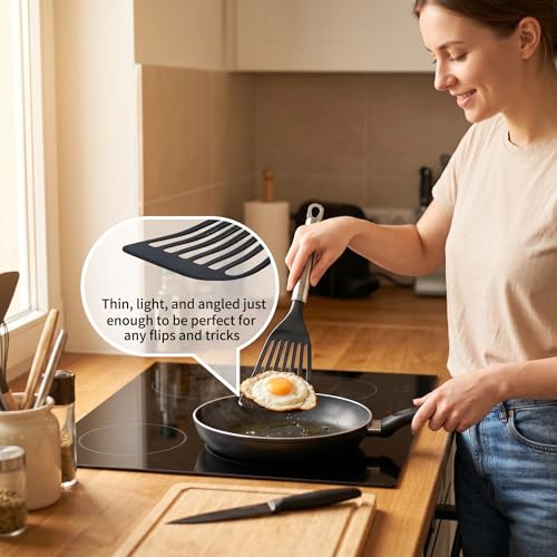 KSENDALO Thin Flexible Nylon Fish Spatula for Nonstick Cookware Fish Spatula Egg Flipper Hollow Steel Handle, LFGB Certified Nylon Thin Blade Sturdy Hollow Handle Dishwasher Safe- Silver/Black - size: Medium (1 Pack)