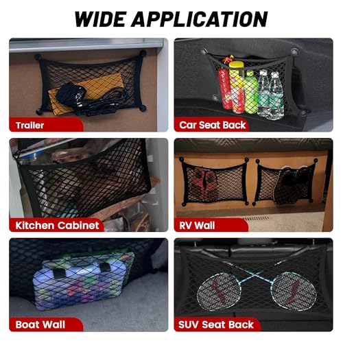 RED WOLF 2 Pcs Small Cargo Net Pocket Elastic Mesh Netting Car Mesh Pouch for Trunk RV Boats Home Cargo Storage with Screws and Hooks (17.7'' x 9.8'') - size: 17.7'' x 9.8''