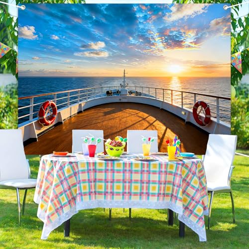 7x5ft Cruise Ship Backdrop Cruise Deck Ocean Sunset Scenery Photography Background Nautical Theme Cruise Party Decorations Banner Portrait Photo Booth Studio Props - size: 7x5ft