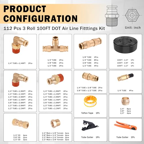 CheeMuii 112 PCS Brass DOT Air Line Fittings with 3 Roll 100FT 1/4" 3/8" 1/2" DOT Air Lines Kit Push Lock Air Fitting Quick Connect Air Fittings with Air Hose Pneumatic Tubing - size: 100FT-3ROLL-112PCS