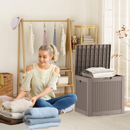 ROJIK Outdoor Storage Housing Deck Box - Waterproof Patio Furniture, Garden Tools, Cushions, Pool Accessories Storage Bench with Lockable Lid and Side Handles (Grey Rattan, 30 Gal) - color: Grey, size: 30 Gallon