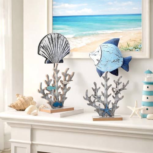Novabright 2 Pcs Wooden Fish Decor Summer Ocean Centerpieces for Tables Standing Coral Statue with 3D Starfish Seashell for Nautical Shelf Coastal Beach Home Decoration Marine Themed Gift