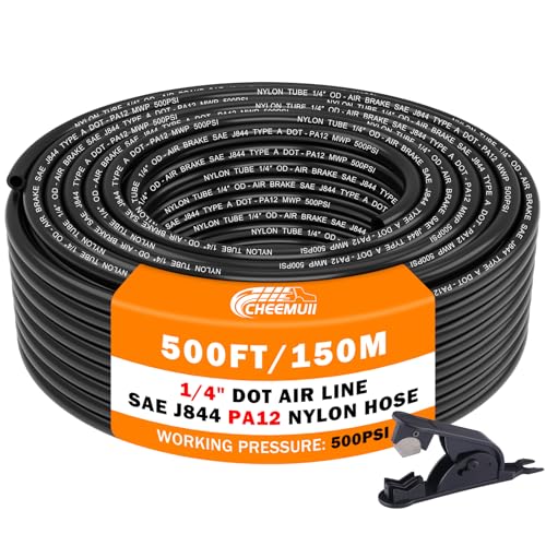 CheeMuii 500 FT 1/4" DOT Air Line 1/4 PA12 Nylon Pneumatic Tubing 152 Meter 1/4 Inch OD Pneumatic Air Tubing Pipe Hose Line for Semi Truck Trailer or Industrial Air System - color: Black, size: 1/4"OD-500FT