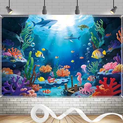 8x6Ft Under The Sea Backdrop Polyester Ocean Backdrop Under The Sea Themed Party Decorations for Girls Boys Birthday Party Photography Background Photo Booth Prop with Ribbon - color: Under The Sea, size: 8×6 ft