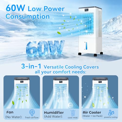 Portable Air Conditioners,3-in-1 Evaporative Air Cooler,4 Modes 3 Speeds Blow Cold Air, 120°Oscillation, LED Display, 12H Timer, Windowless Portable AC w/ 8L Tank & Remote for Home Bedroom Office