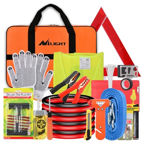 Nilight Car Emergency Kit with Jumper Cable, First Aid Kit Safety Assistance Tools for Travel Camping Outdoor Cars Truck SUV RV, Roadside Essentials with Flash Light - color: Essential Kit+Tire Repair Fuse kit