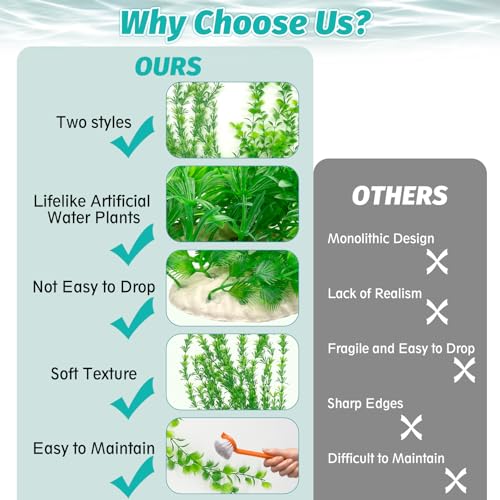 23" Tall Aquarium Plastic Plants - 2 Pack Soft Fish Tank Decor, Artificial Green Grass Cluster for Aquariums, Safe Bendable Underwater Plants（Green Style B）