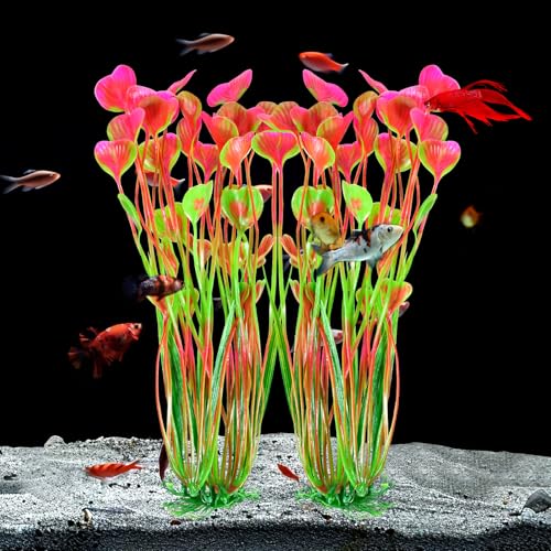 AQUANEAT Artificial Fish Tank Plants, Plastic Aquarium Accessories Large, 15.5 inch Pink Decorations, 2pcs - color: Pink