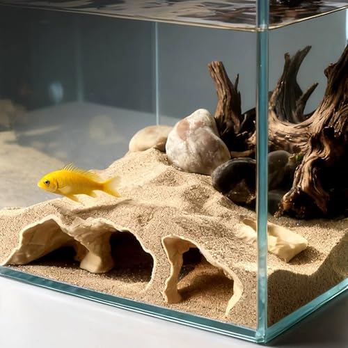 LIYAOLI Aquarium Ornaments Cave Tunnel with Viewing Ports | Fish Tank Decoration Hideout for Pleco, Shrimp & Corydoras | Substrate-Friendly Design & Sinking Base (S - Sand Color) - color: S - Sand Color