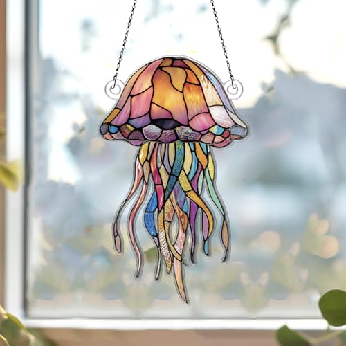 Jellyfish Ornaments Decor for Window Hanging, Jellyfish Lover Gifts for Women Men, Sea Animal Home Wall Room Decorations, Christmas 2D Flat Acrylic Ornamnet - size: 5in