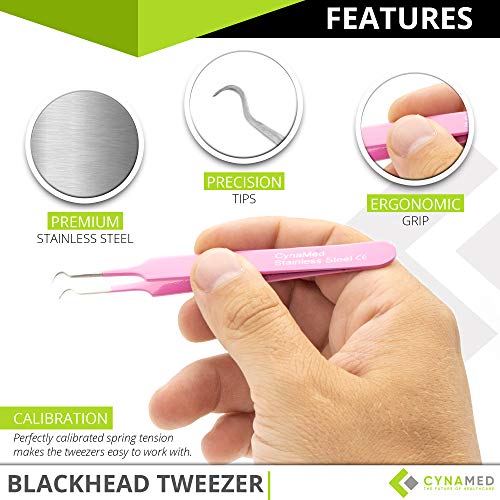 Blackhead Tweezer - Professional Curved Steel Tip Surgical Comedone & Splinter Extractor. Ideal Blemish & Acne Remover Tool Means Flawless Facial Skin (Pink) - color: Pink