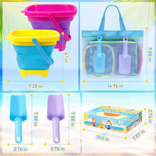 Collapsible Beach Buckets for Kids, 2 Packs Foldable Sand Buckets and Shovels with Mesh Beach Bag, Silicone Sand Pails for Toddlers Beach Toys, Easter Egg Hunt, Camping, Travelling, Fishing Water Pail - style: 2 Buckets